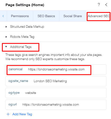 Erweiterte SEO-Registerkarte Wix